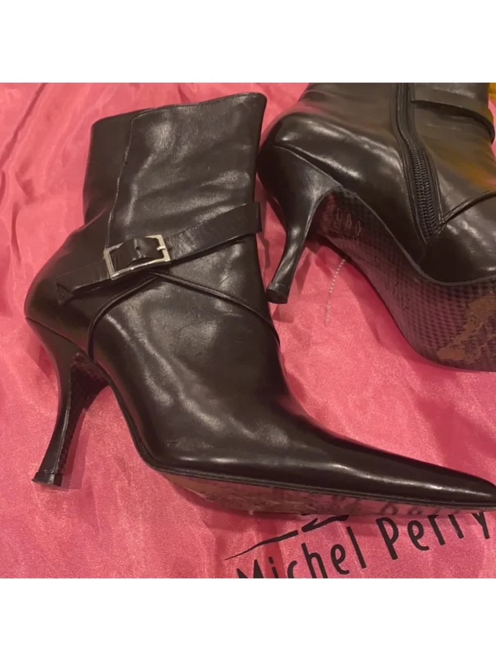 VINTAGE Michel Perry Black ankle pointy toe booties with silver tone hardware 36